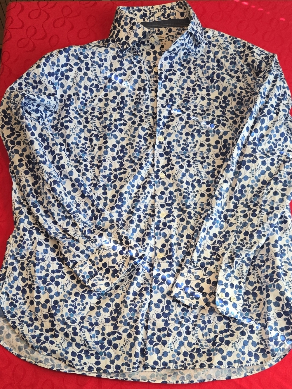 Joseph Abboud Blue and White Floral-Print Button-Down Shirt